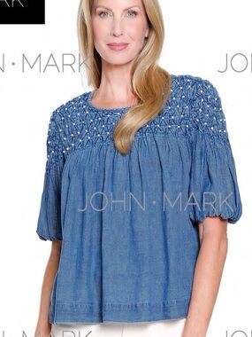 John Mark bubble sleeve denim top w pearls
